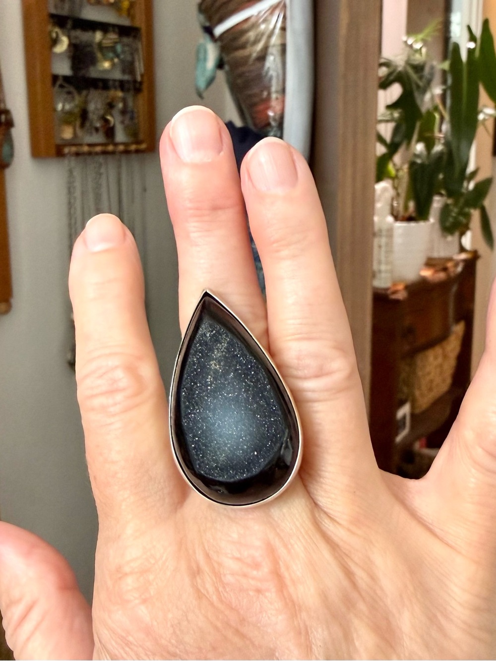Black Druzy Agate and Silver Ring, Size 8 Adjustable